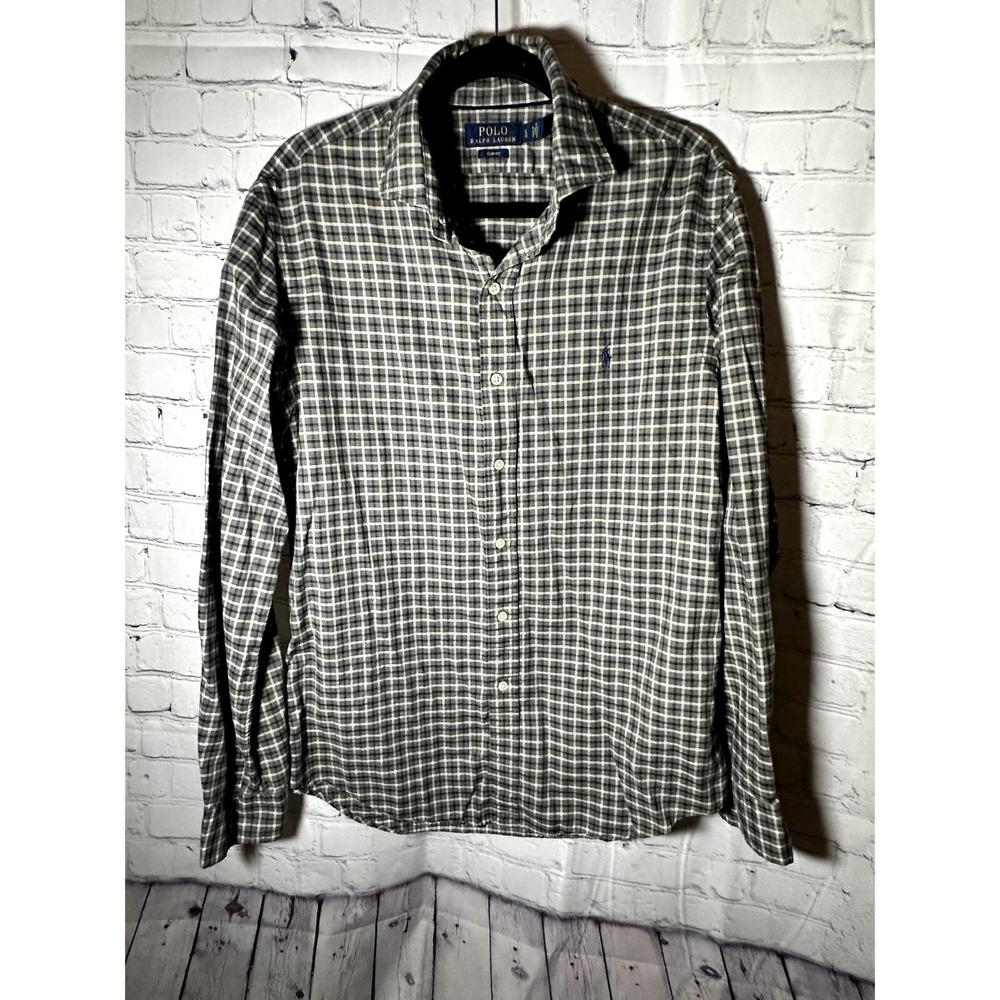 Polo Ralph Lauren Mens Slim Fit Plaid Button Down  Grey White Large L Cotton